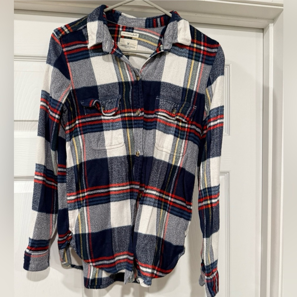 American Eagle Outfitters Plaid Flannel Shirt - Navy, Red, White